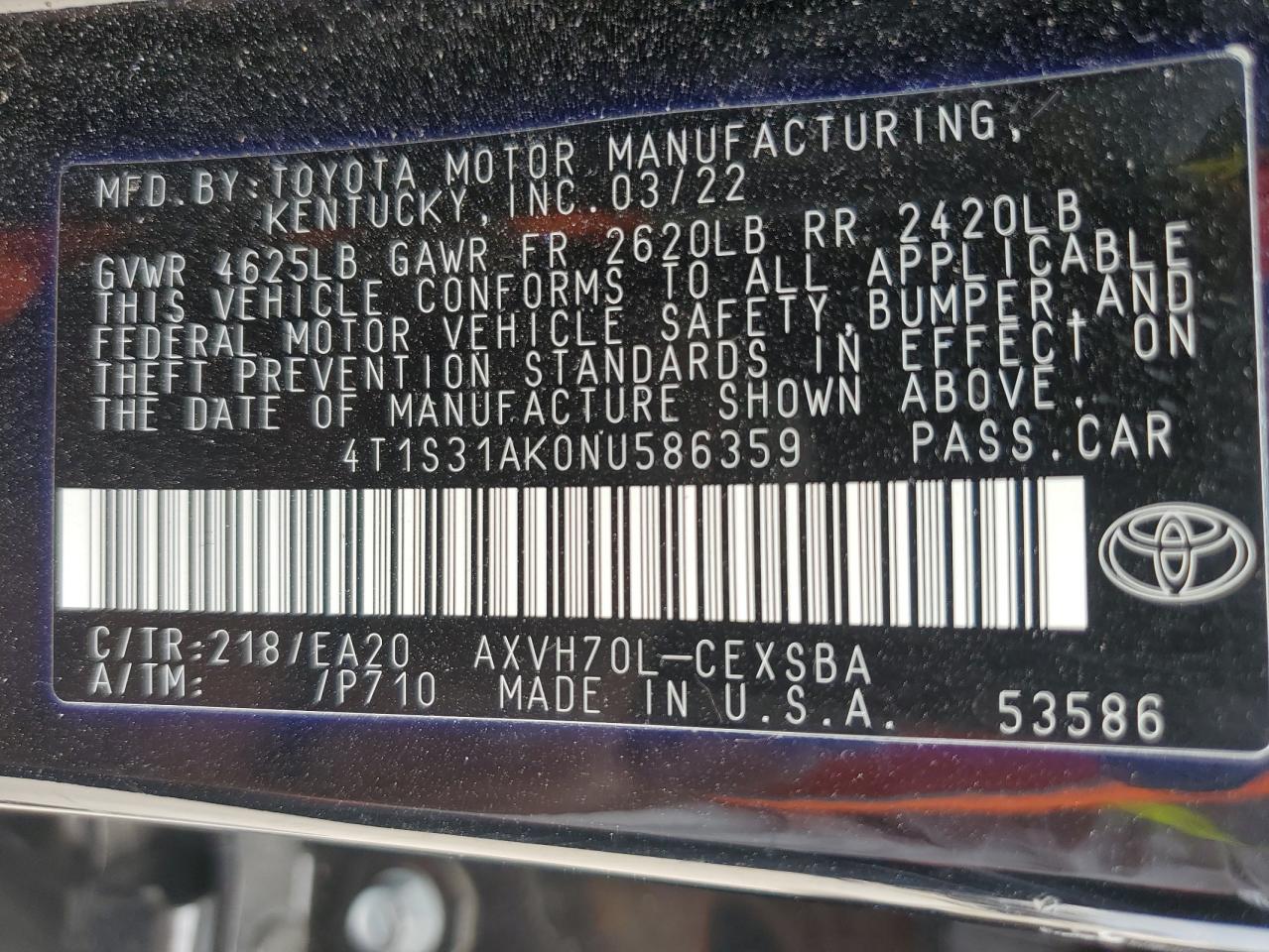 2022 TOYOTA CAMRY NIGHT SHADE VIN:4T1S31AK0NU586359