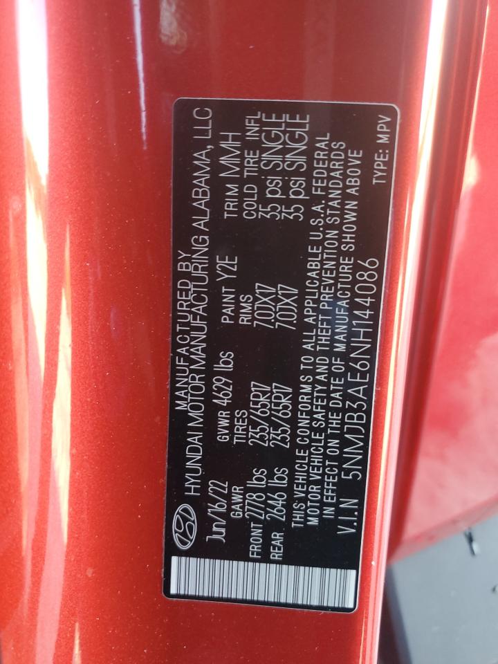 2022 HYUNDAI TUCSON SEL VIN:5NMJB3AE6NH144086
