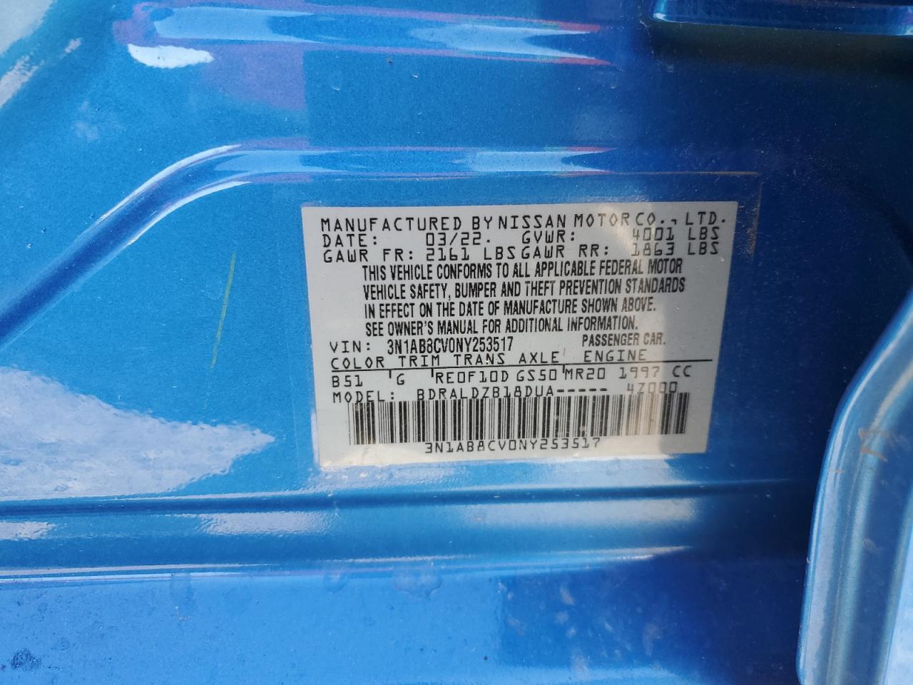 2022 NISSAN SENTRA SV VIN:3N1AB8CV0NY253517