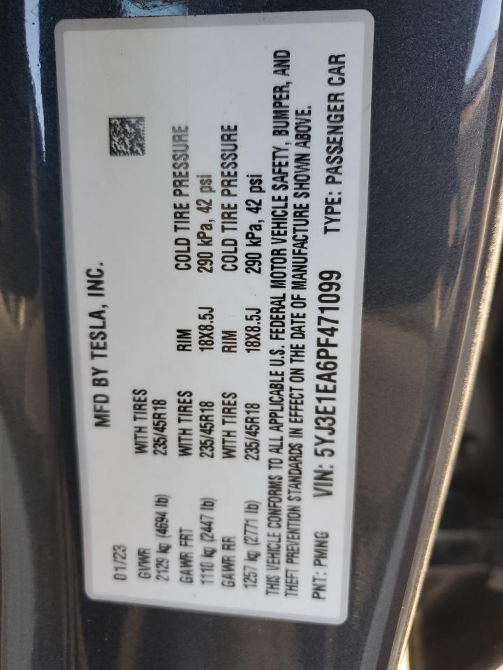 2023 TESLA MODEL 3  VIN:5YJ3E1EA6PF471099