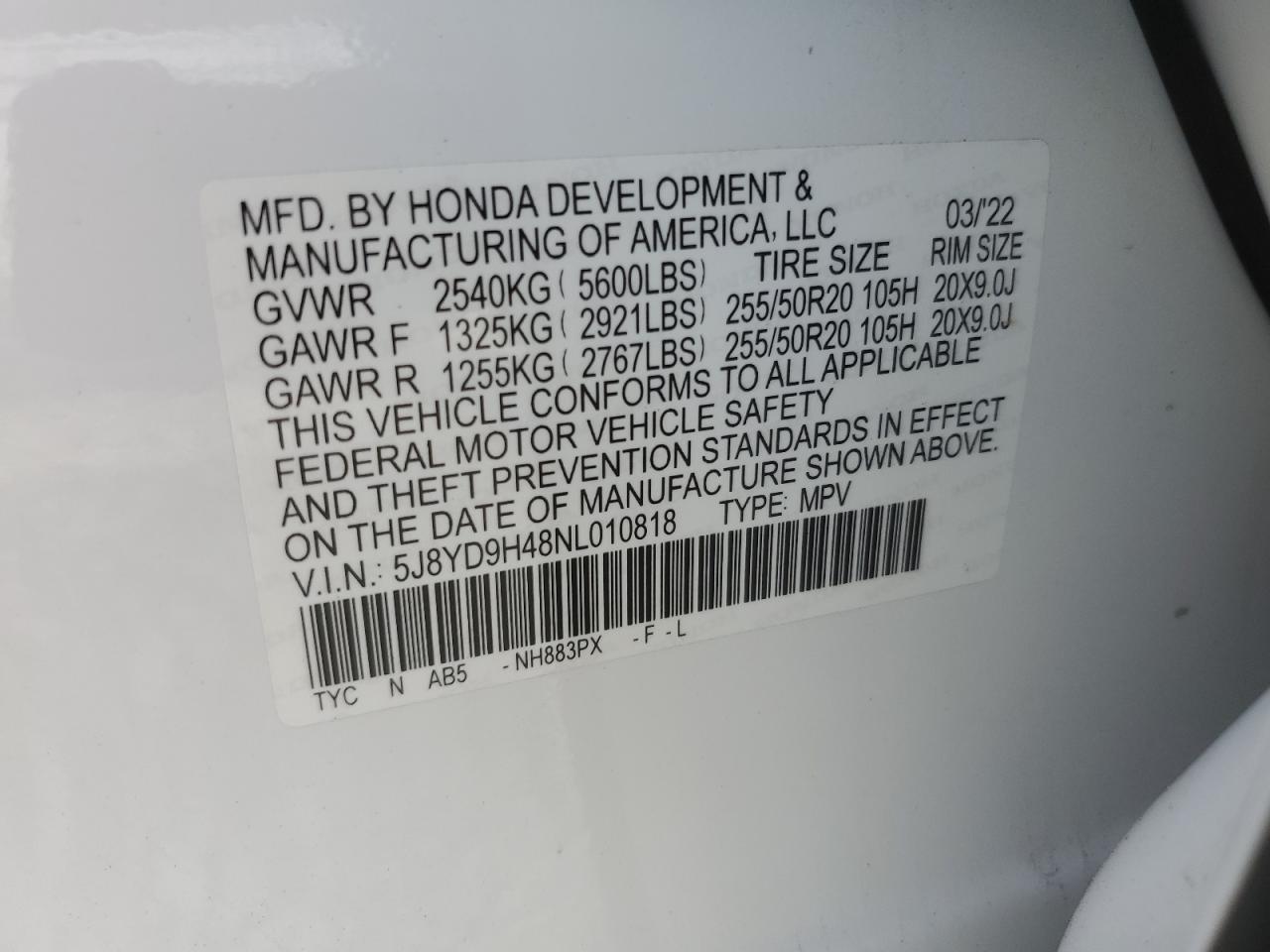 2022 ACURA MDX TECHNOLOGY VIN:5J8YD9H48NL010818