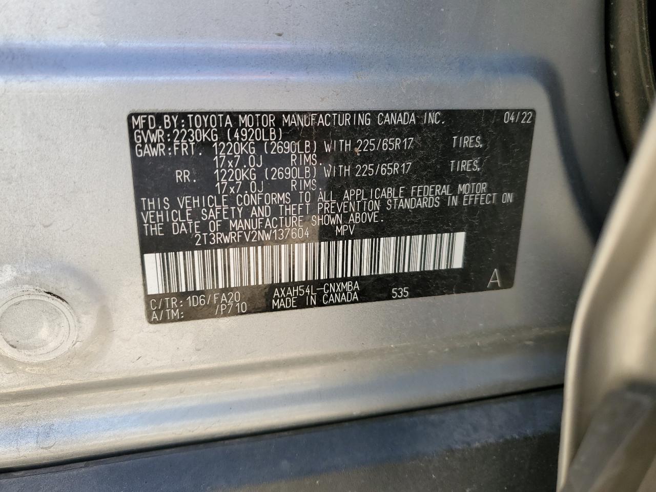 2022 TOYOTA RAV4 XLE VIN:2T3RWRFV2NW137604