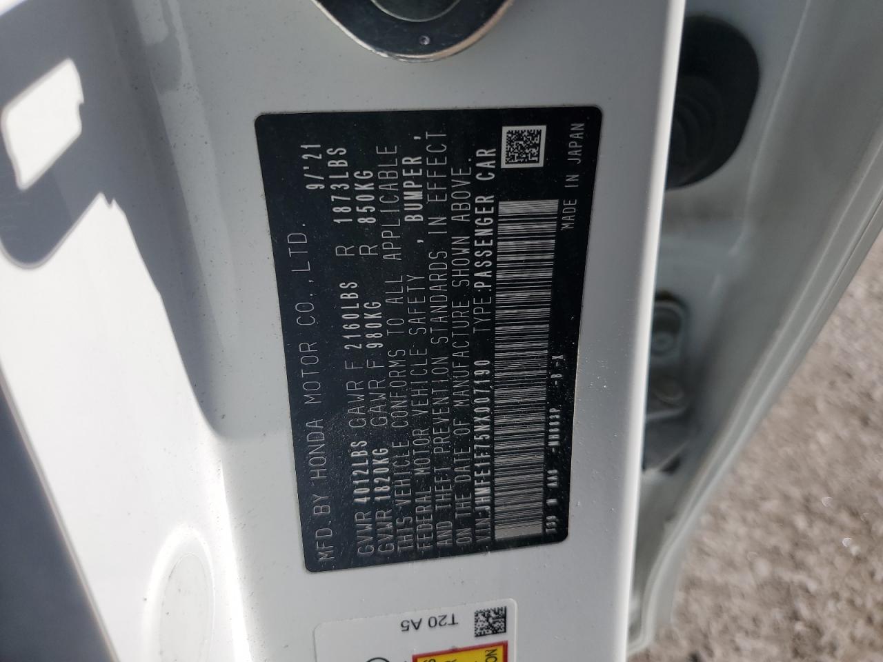 2022 HONDA CIVIC EX VIN:JHMFE1F75NX007190