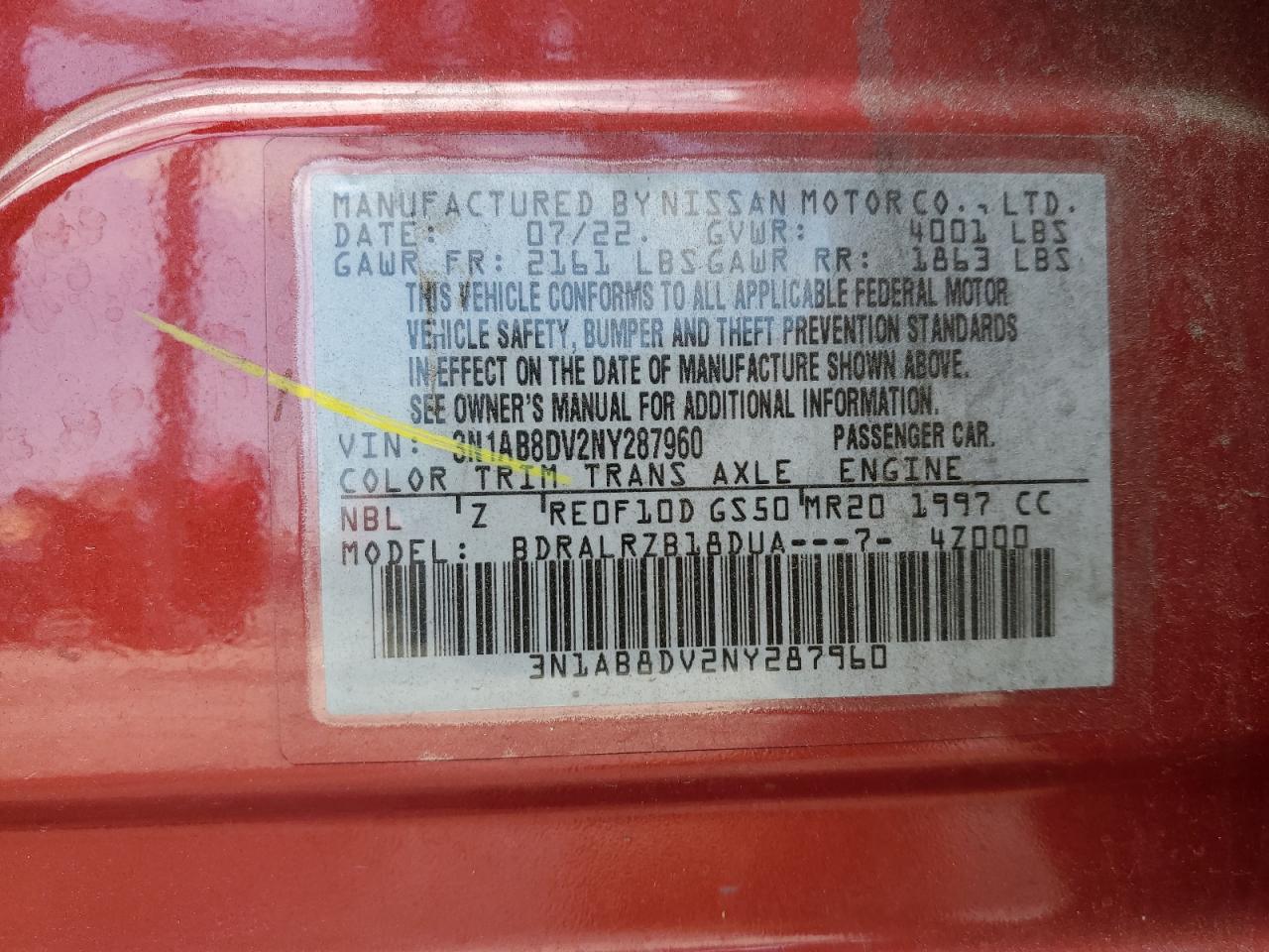 2022 NISSAN SENTRA SR VIN:3N1AB8DV2NY287960