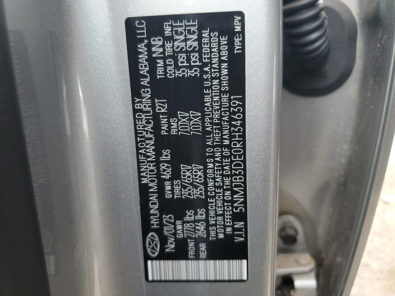 2024 HYUNDAI TUCSON SEL VIN:5NMJB3DE0RH346391