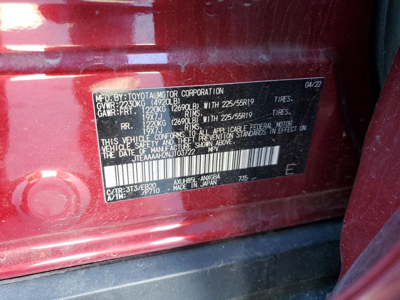 2022 TOYOTA VENZA LE VIN:JTEAAAAH2NJ103722