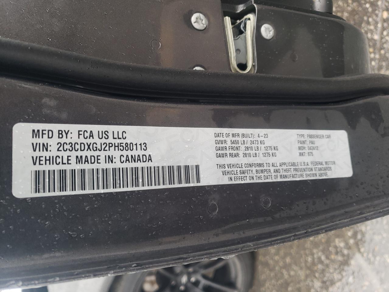 2023 DODGE CHARGER SCAT PACK VIN:2C3CDXGJ2PH580113