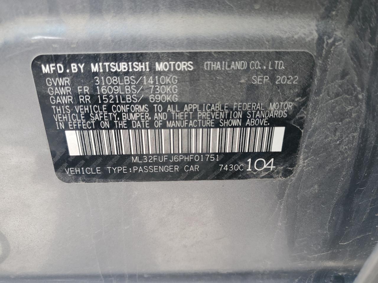 2023 MITSUBISHI MIRAGE G4 ES VIN:ML32FUFJ6PHF01751