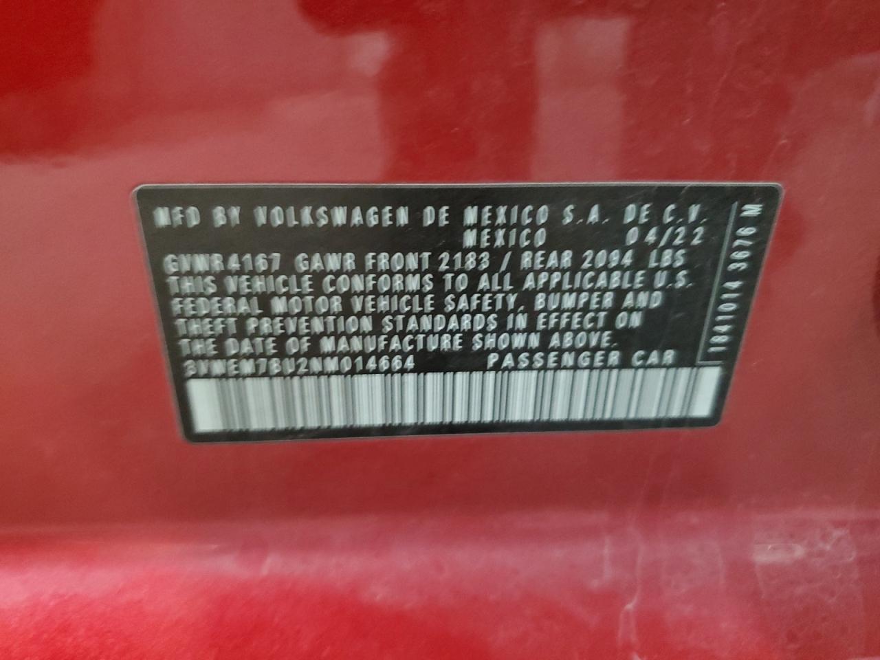 2022 VOLKSWAGEN JETTA SE VIN:3VWEM7BU2NM014664