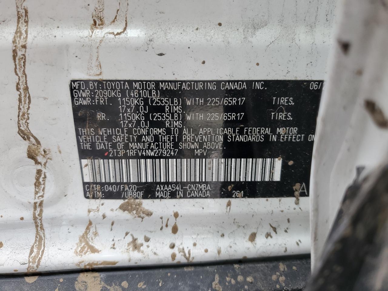 2022 TOYOTA RAV4 XLE VIN:2T3P1RFV4NW279247