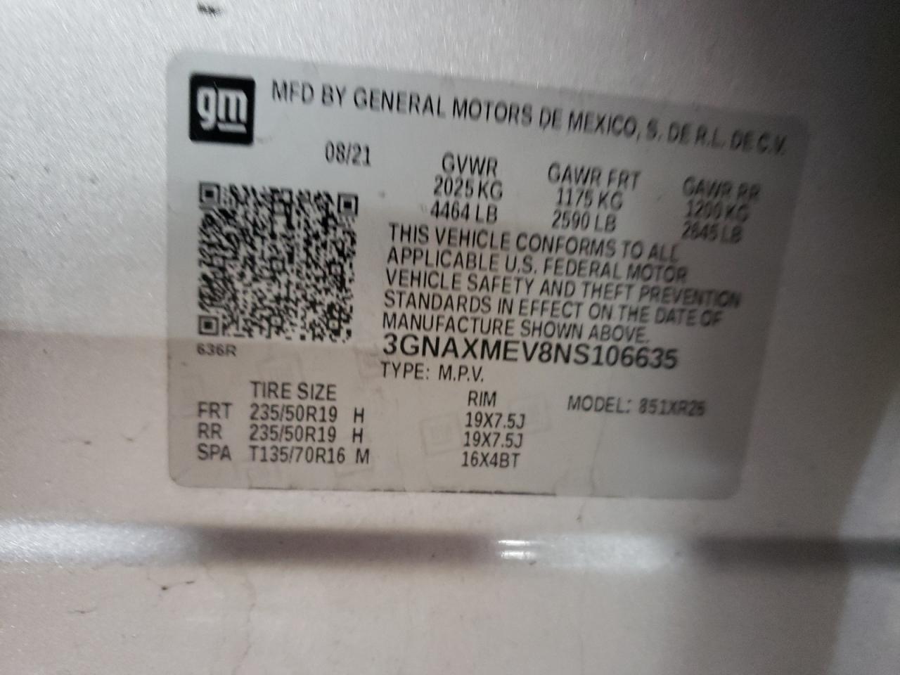 2022 CHEVROLET EQUINOX RS VIN:3GNAXMEV8NS106635