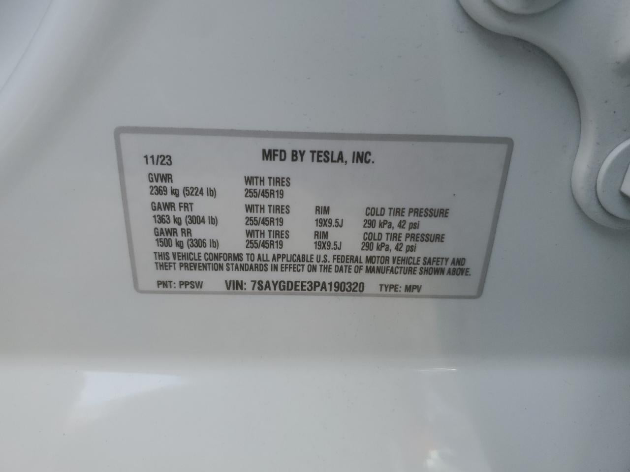 2023 TESLA MODEL Y  VIN:7SAYGDEE3PA190320