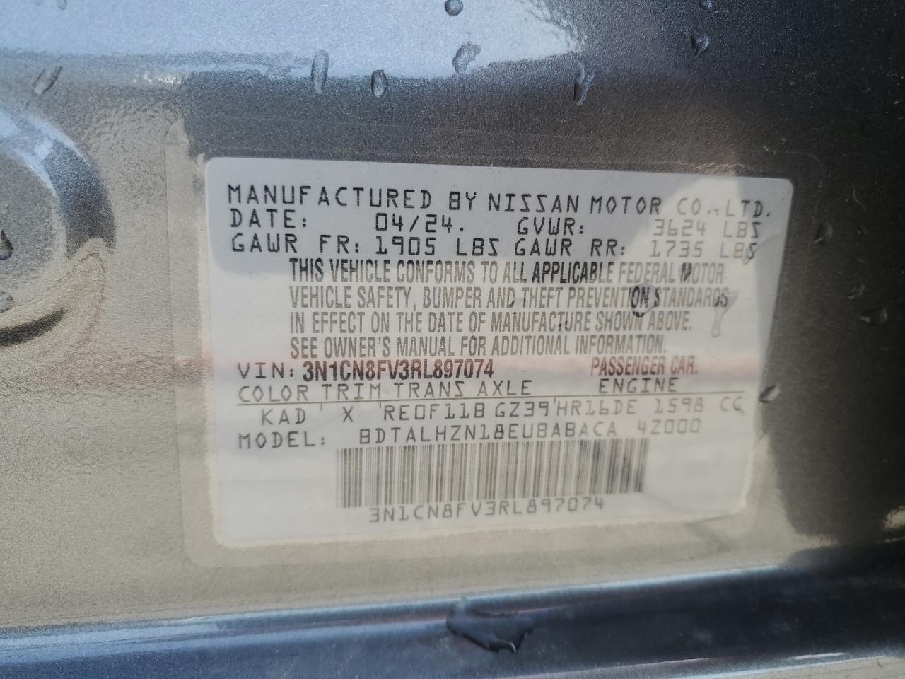 2024 NISSAN VERSA SR VIN:3N1CN8FV3RL897074