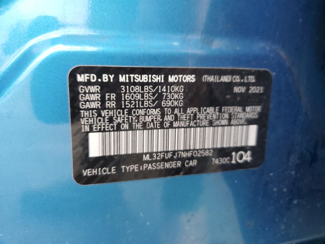 2022 MITSUBISHI MIRAGE G4 ES VIN:ML32FUFJ7NHF02582