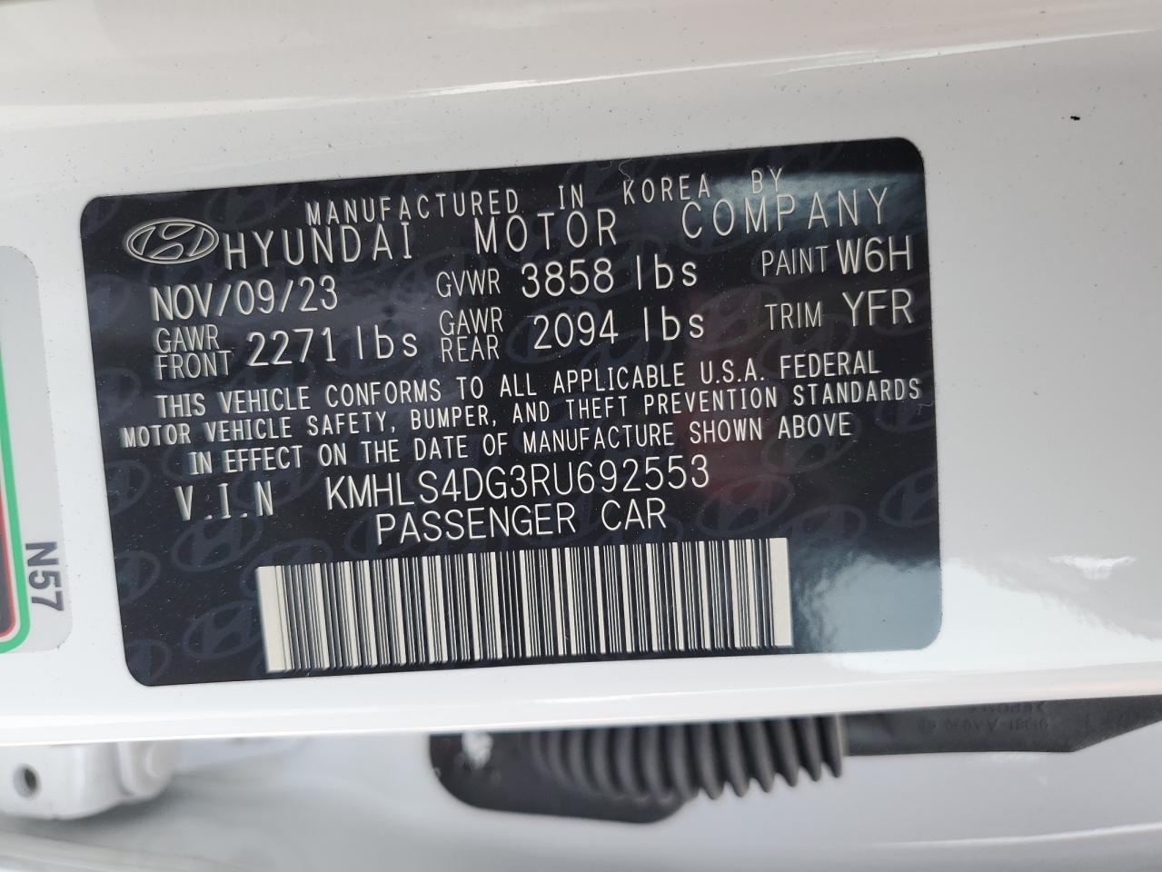 2024 HYUNDAI ELANTRA SEL VIN:KMHLS4DG3RU692553