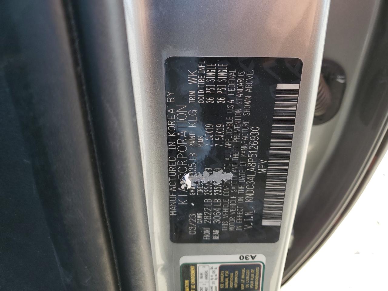 2023 KIA EV6 LIGHT VIN:KNDC34LA8P5126930