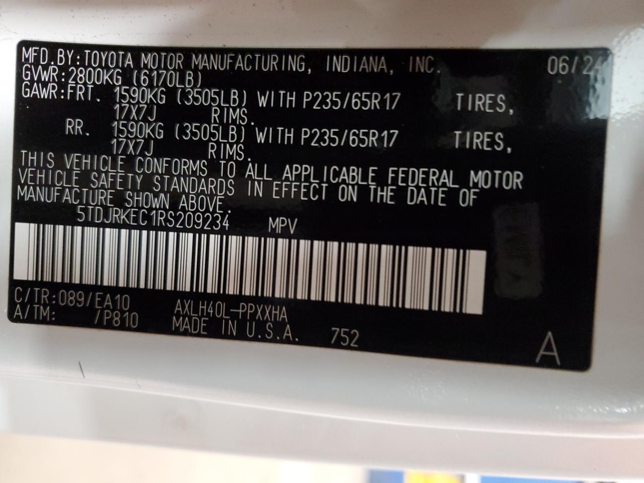 2024 TOYOTA SIENNA XLE VIN:5TDJRKEC1RS209234