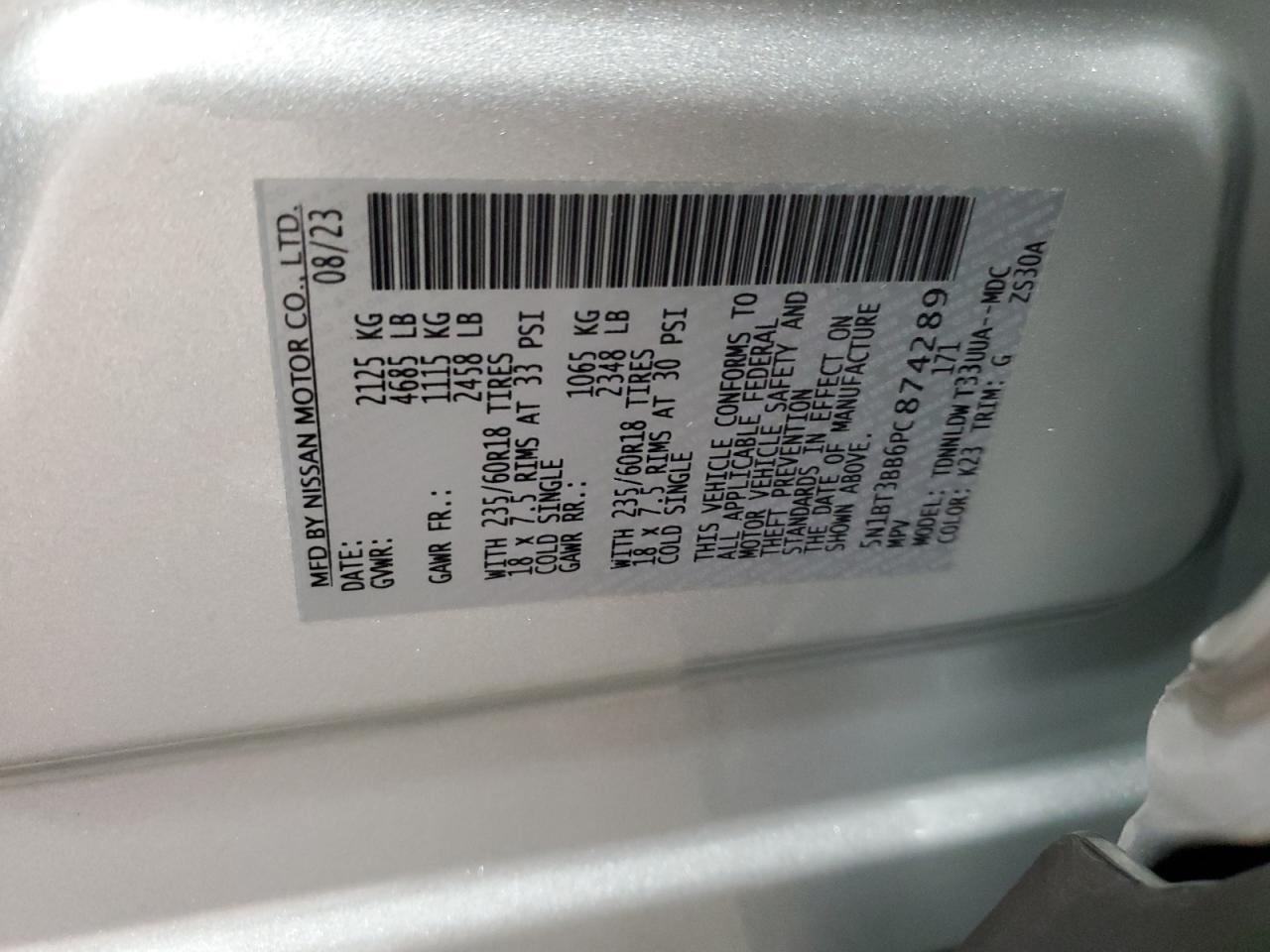2023 NISSAN ROGUE SV VIN:5N1BT3BB6PC874289