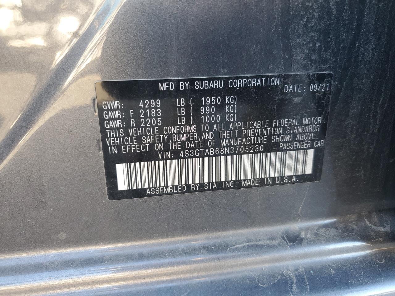 2022 SUBARU IMPREZA  VIN:4S3GTAB68N3705230