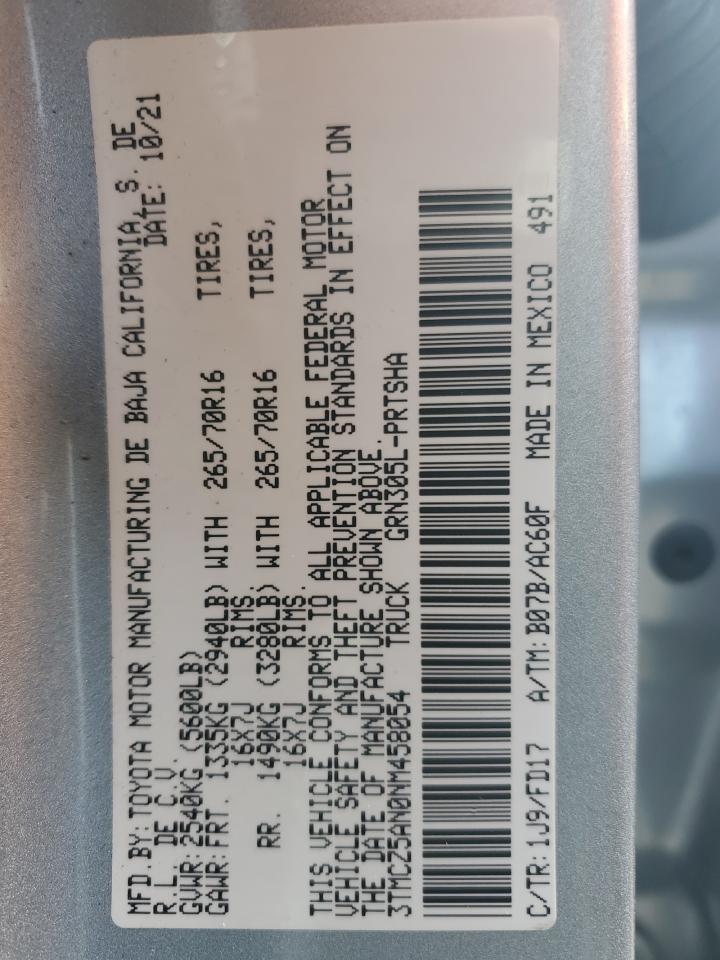 2022 TOYOTA TACOMA DOUBLE CAB VIN:3TMCZ5AN0NM458054