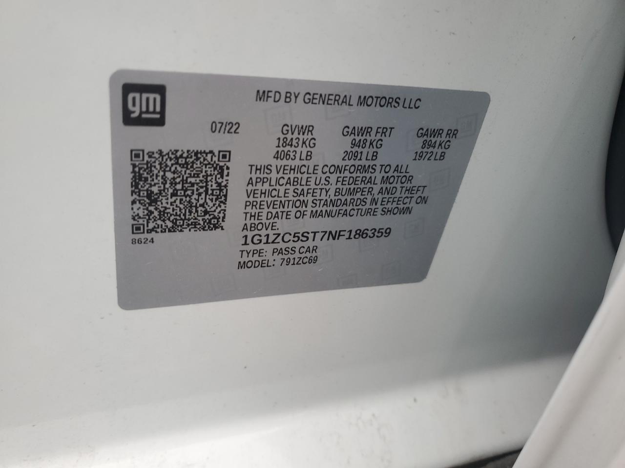 2022 CHEVROLET MALIBU LS VIN:1G1ZC5ST7NF186359