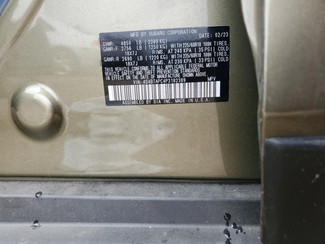 2023 SUBARU OUTBACK TOURING VIN:4S4BTAPC4P3182389