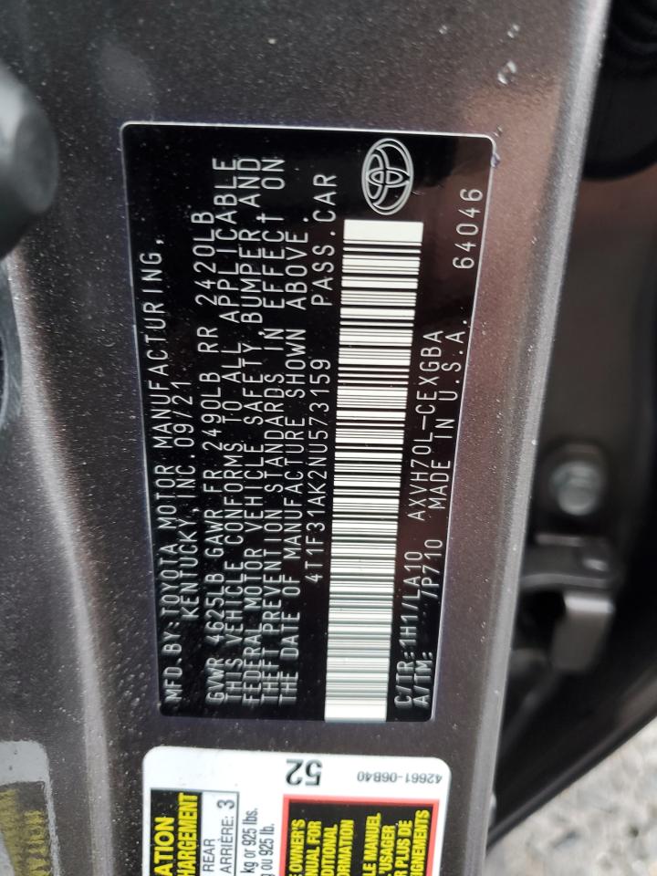 2022 TOYOTA CAMRY XLE VIN:4T1F31AK2NU573159
