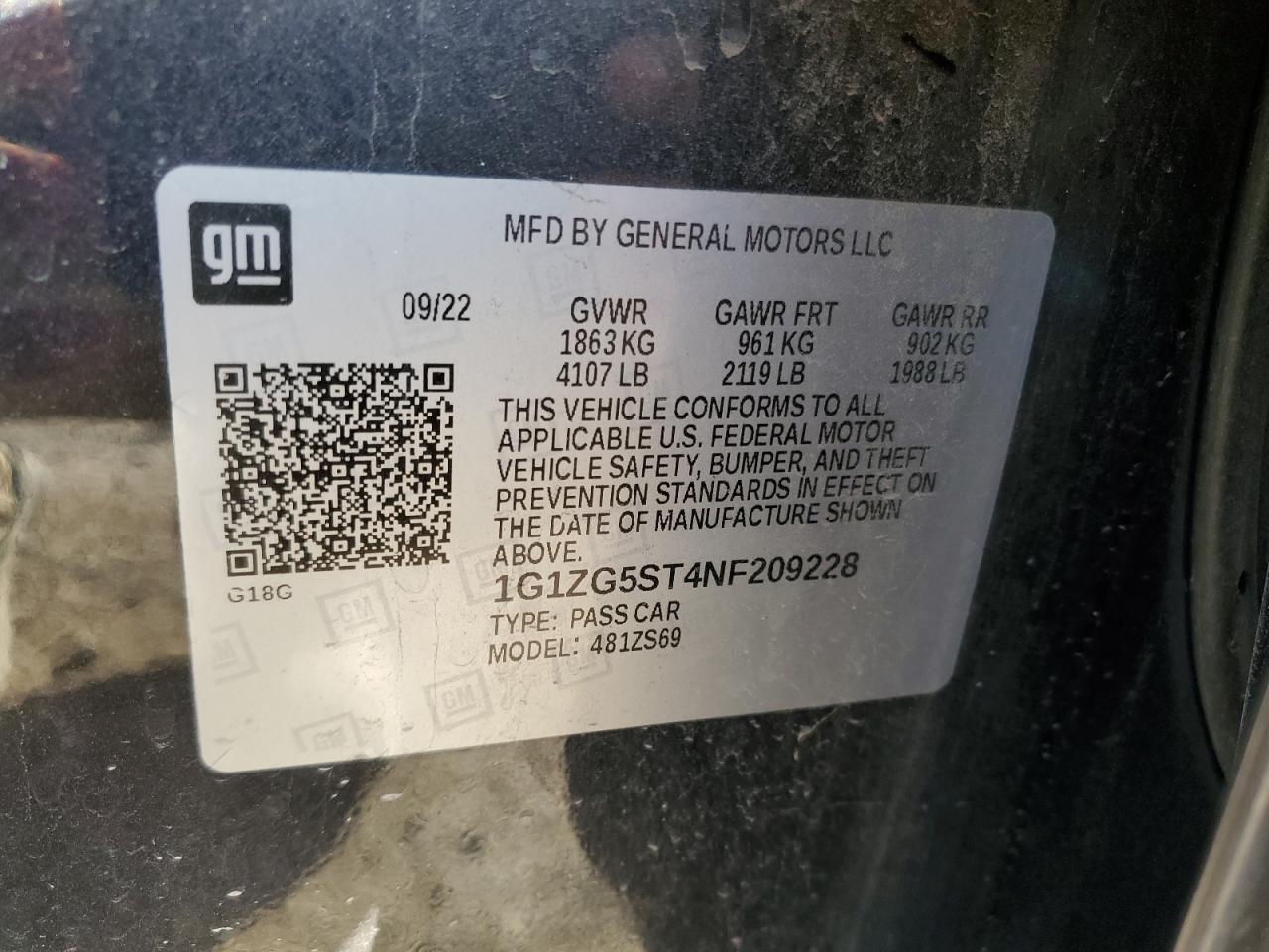 2022 CHEVROLET MALIBU RS VIN:1G1ZG5ST4NF209228