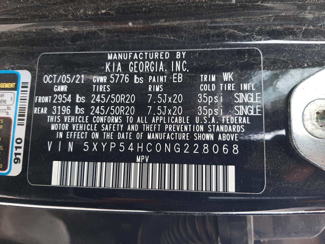 2022 KIA TELLURIDE SX VIN:5XYP54HC0NG228068