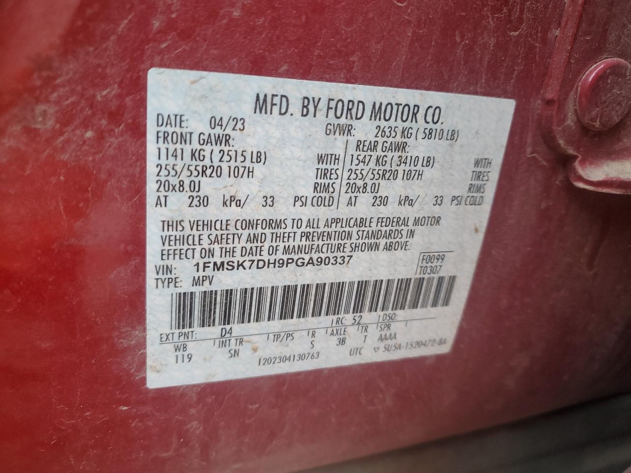 2023 FORD EXPLORER XLT VIN:1FMSK7DH9PGA90337