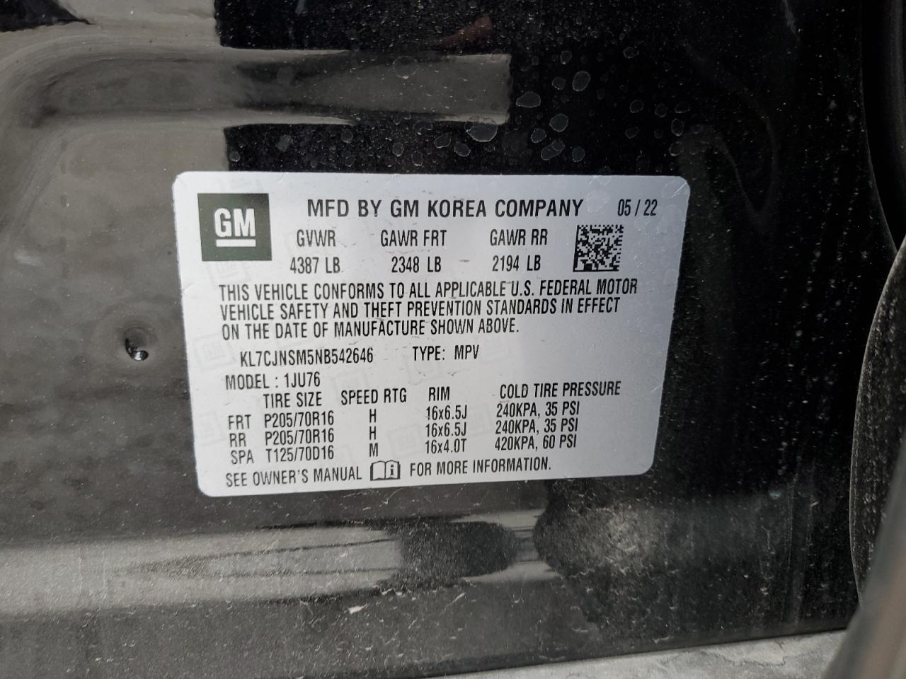 2022 CHEVROLET TRAX LS VIN:KL7CJNSM5NB542646