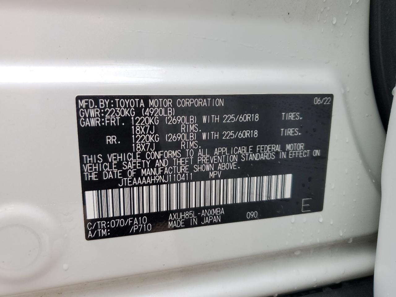 2022 TOYOTA VENZA LE VIN:JTEAAAAH9NJ110411