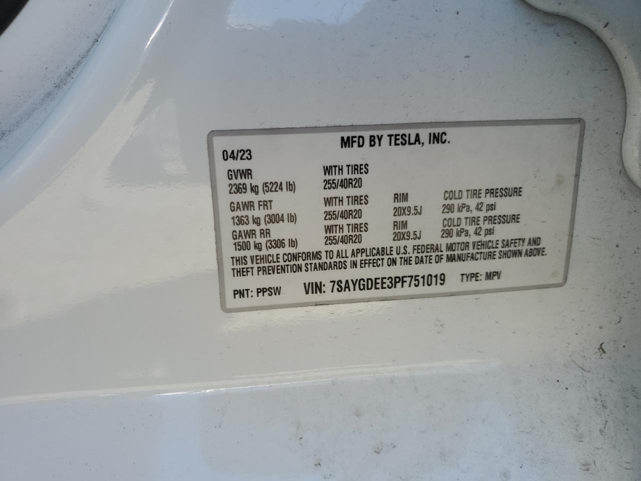 2023 TESLA MODEL Y  VIN:7SAYGDEE3PF751019
