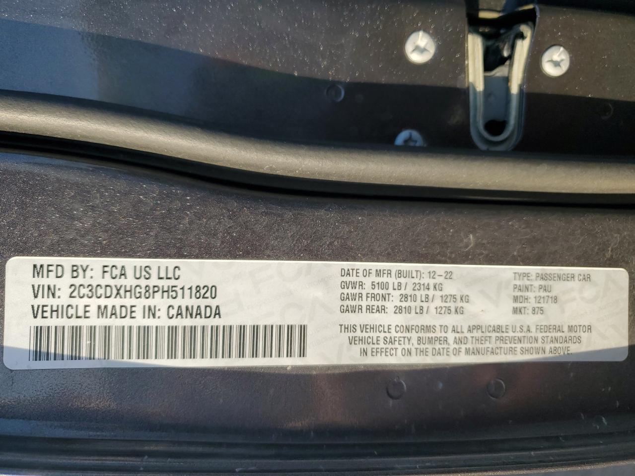 2023 DODGE CHARGER GT VIN:2C3CDXHG8PH511820