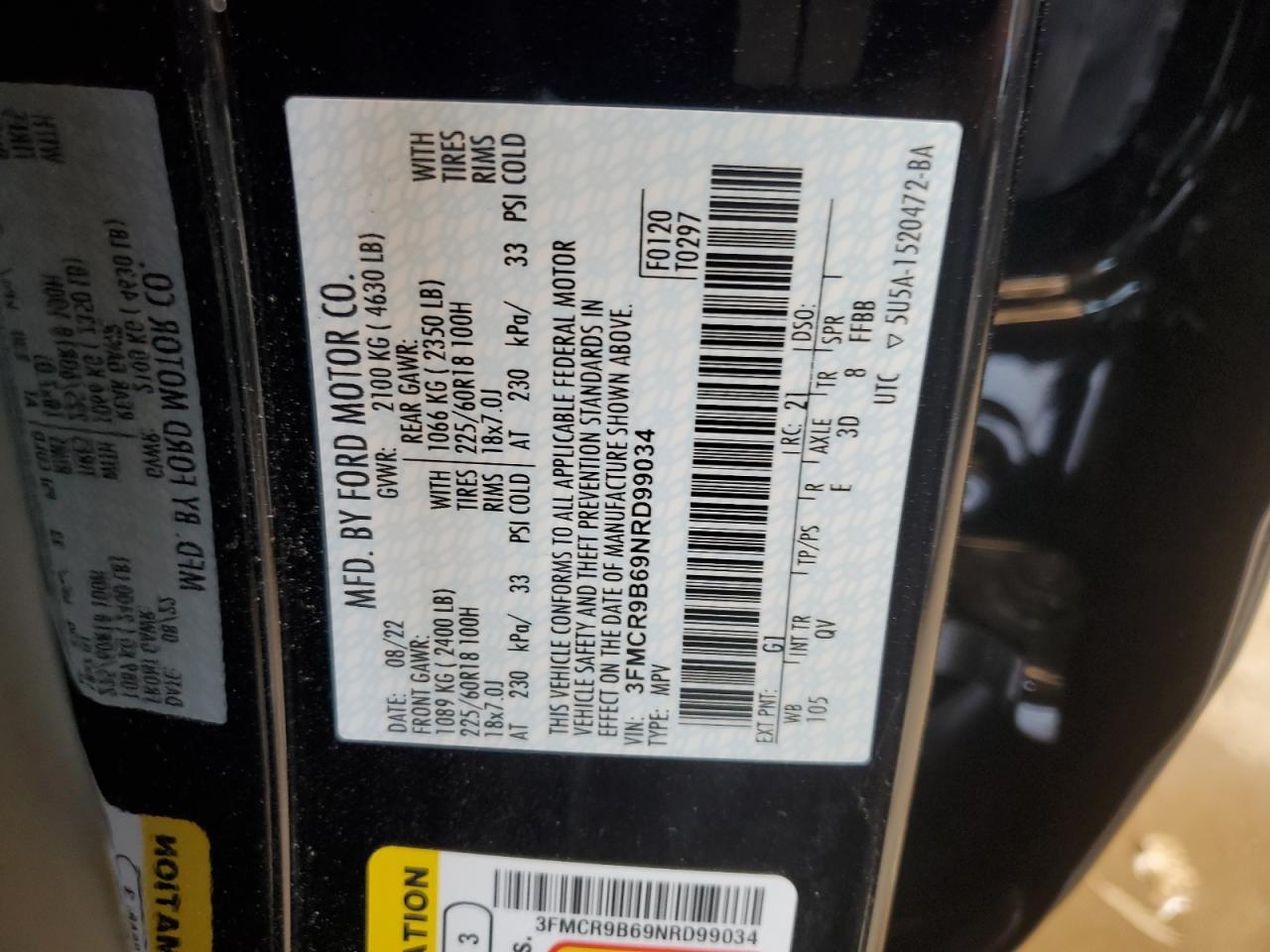 2022 FORD BRONCO SPORT BIG BEND VIN:WP0AA2A8XNS255297