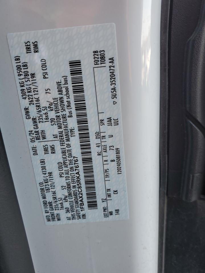 2024 FORD TRANSIT T-350 VIN:1FBAX2C85RKA76767