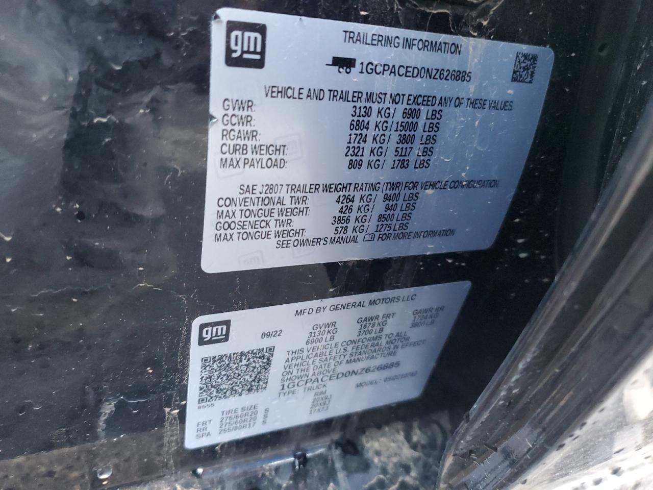 2022 CHEVROLET SILVERADO C1500 LT VIN:1GCPACED0NZ626885