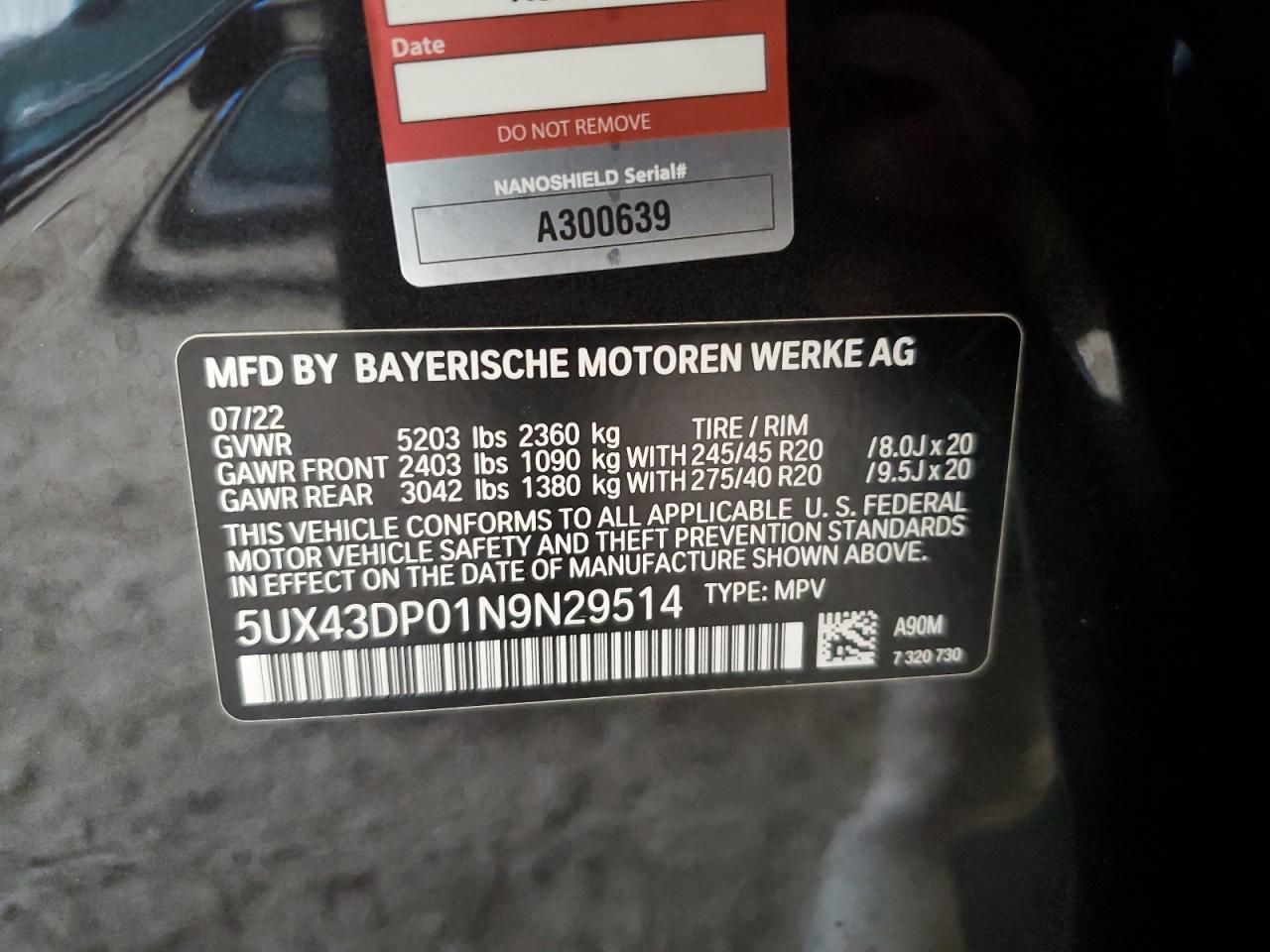 2022 BMW X3 SDRIVE30I VIN:5UX43DP01N9N29514