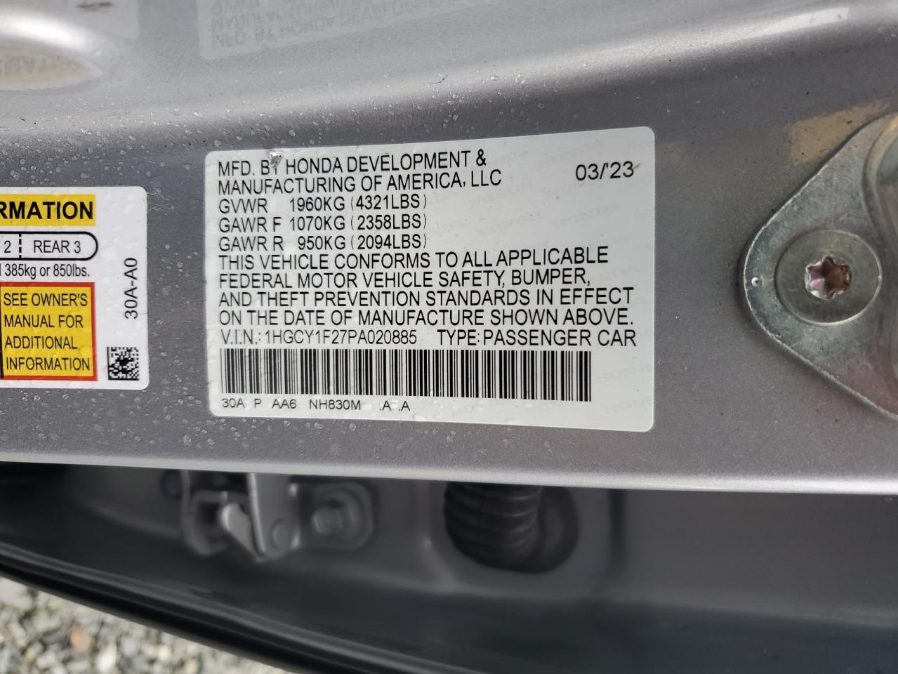 2023 HONDA ACCORD LX VIN:1HGCY1F27PA020885