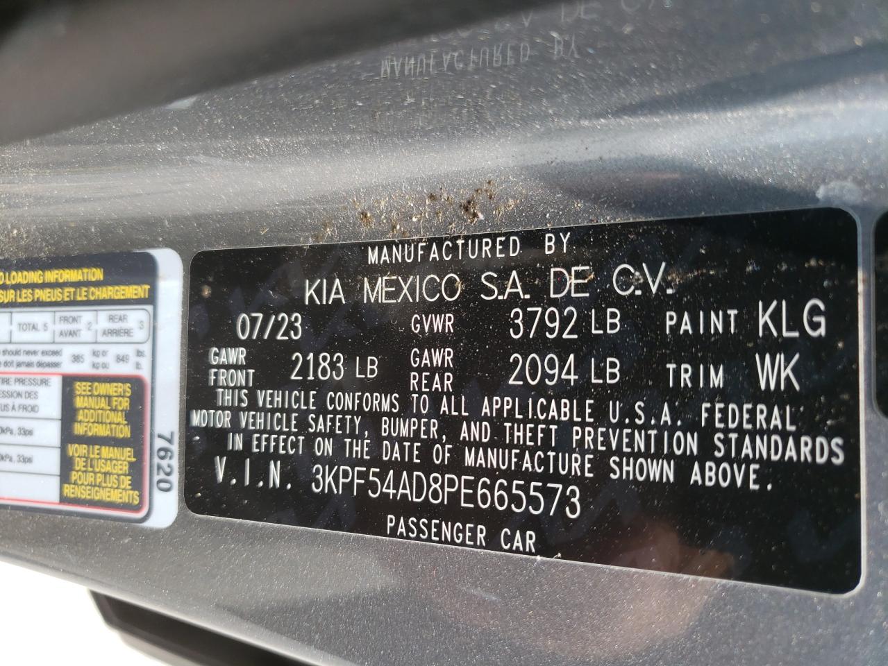 2023 KIA FORTE GT LINE VIN:3KPF54AD8PE665573