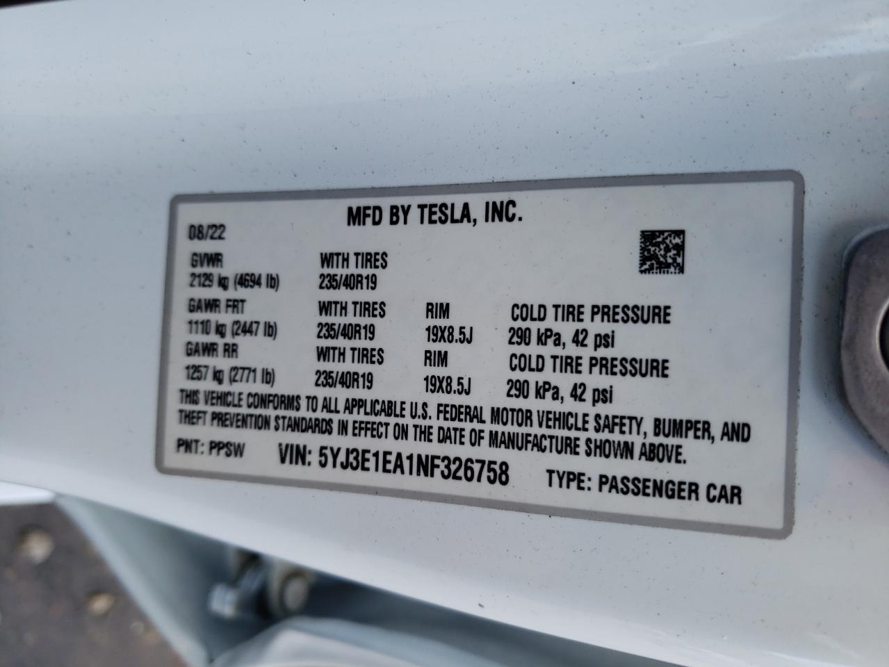 2022 TESLA MODEL 3  VIN:5YJ3E1EA1NF326758