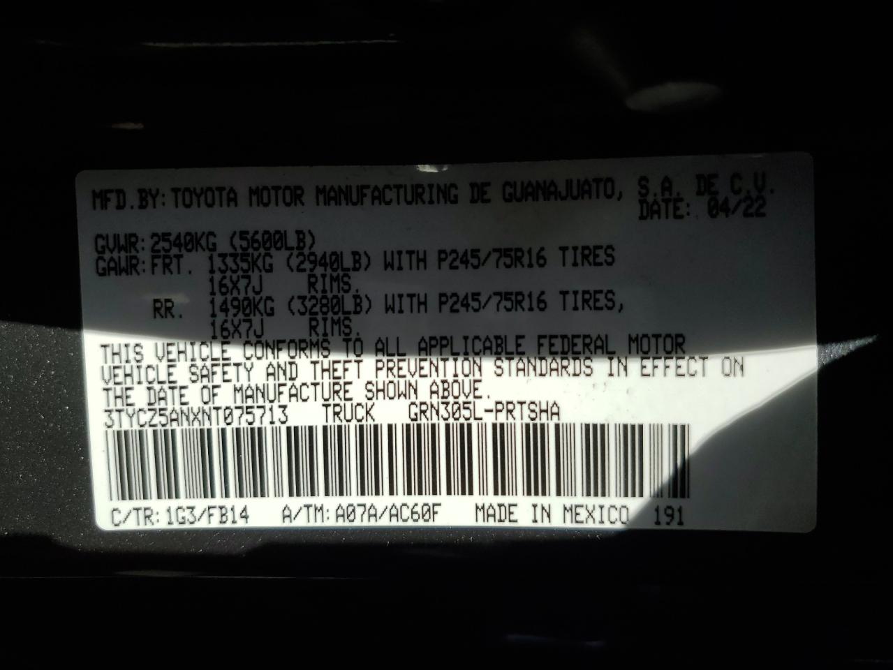 2022 TOYOTA TACOMA DOUBLE CAB VIN:3TYCZ5ANXNT075713