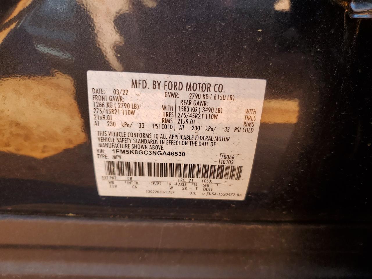 2022 FORD EXPLORER ST VIN:1FM5K8GC3NGA46530