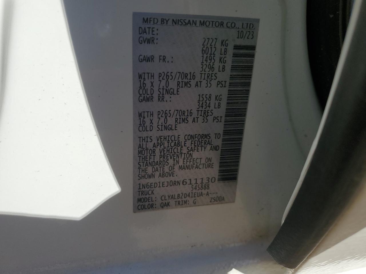 2024 NISSAN FRONTIER S VIN:1N6ED1EJ0RN611130
