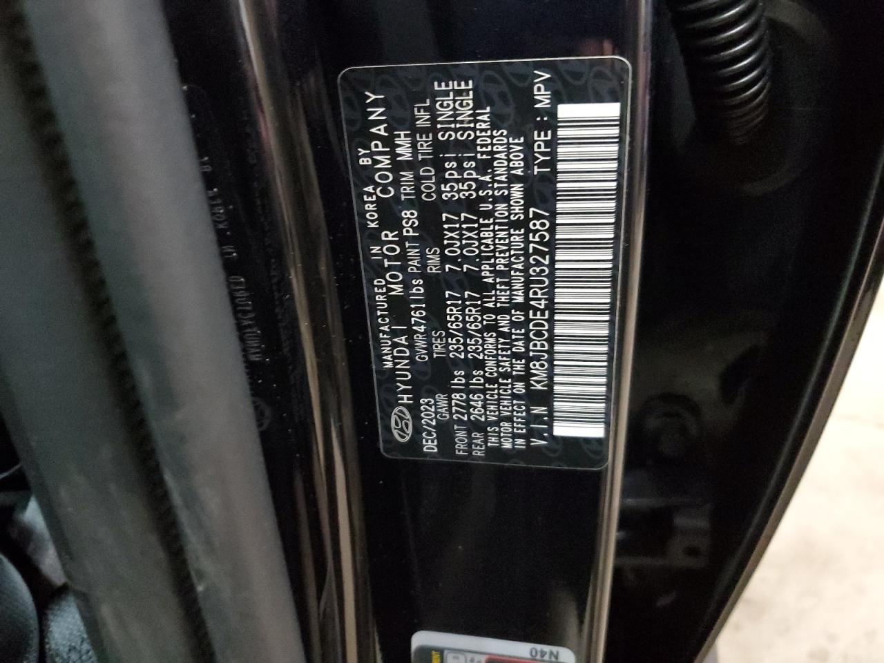 2024 HYUNDAI TUCSON SEL VIN:KM8JBCDE4RU327587
