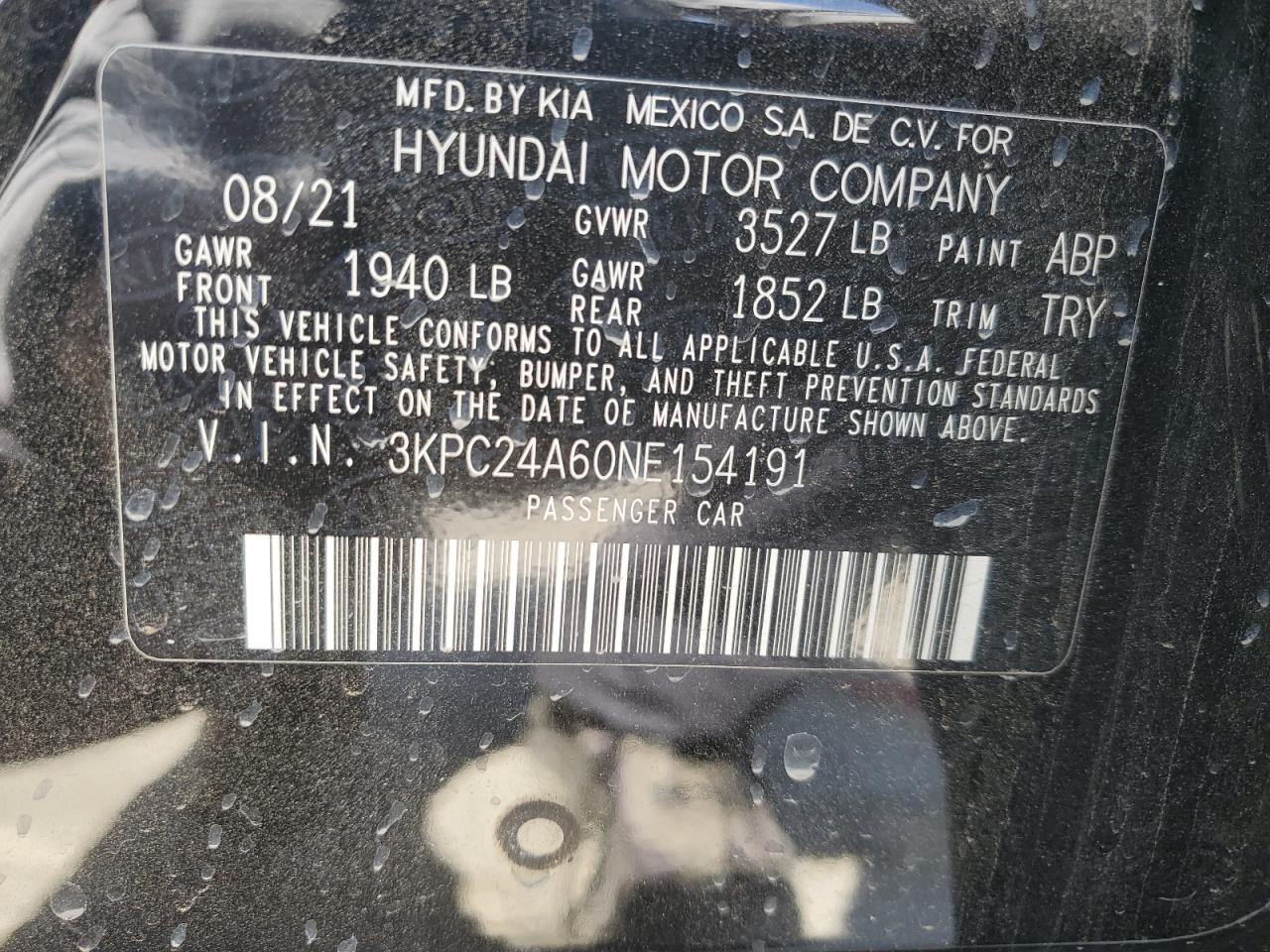 2022 HYUNDAI ACCENT SE VIN:3KPC24A60NE154191