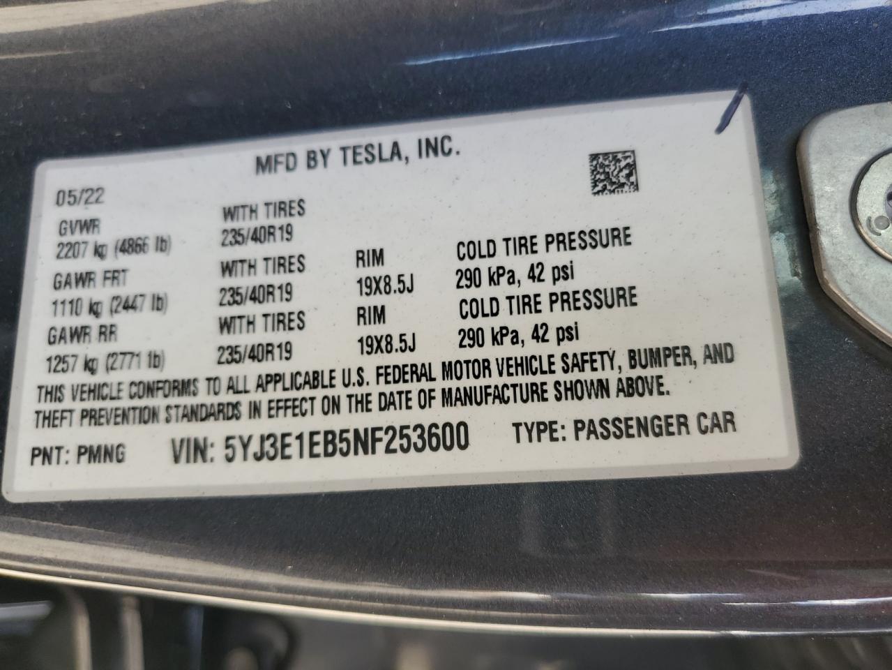 2022 TESLA MODEL 3  VIN:5YJ3E1EB5NF253600