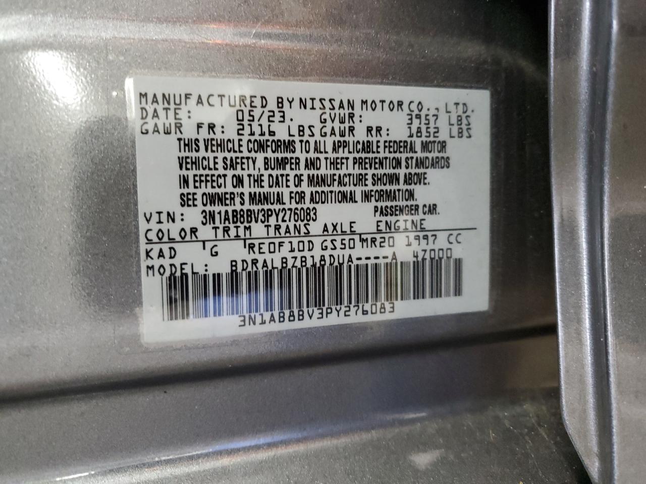 2023 NISSAN SENTRA S VIN:3N1AB8BV3PY276083
