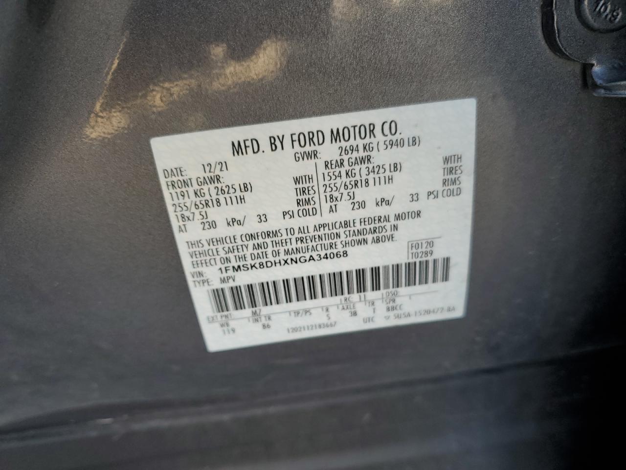 2022 FORD EXPLORER XLT VIN:1FMSK8DHXNGA34068
