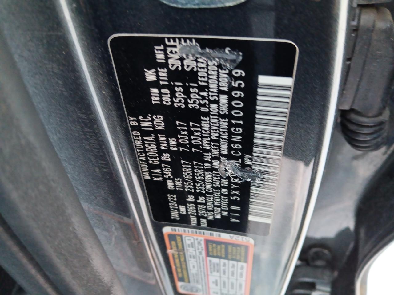 2022 KIA SORENTO LX VIN:5XYRGDLC6NG100959